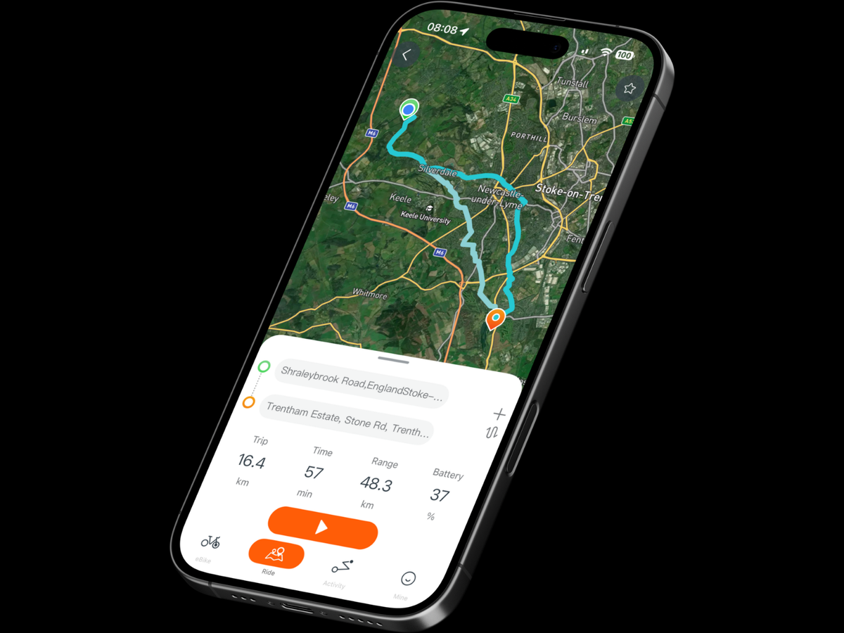 Gride app showing a recorded route, ride distance and battery level